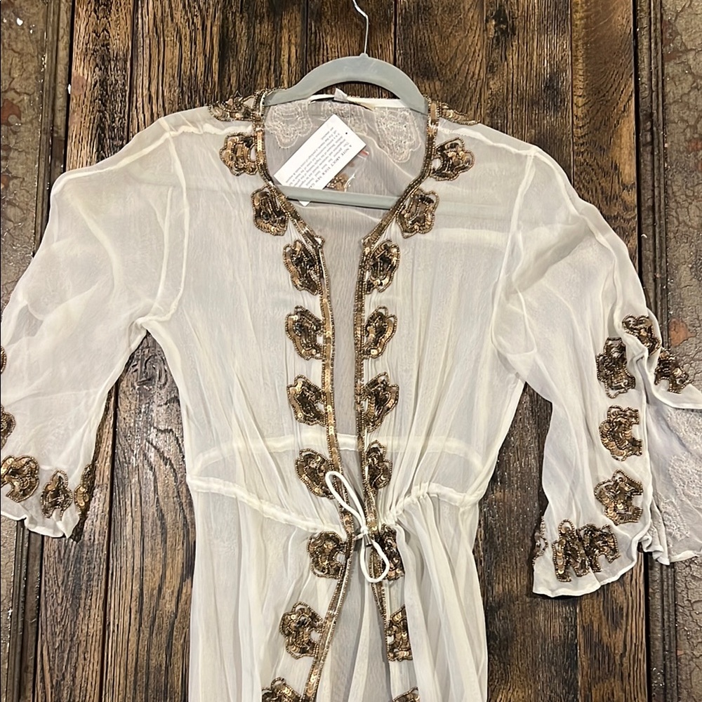 Elegant Sheer Floor Length White Kimono with Gold Embellishments S